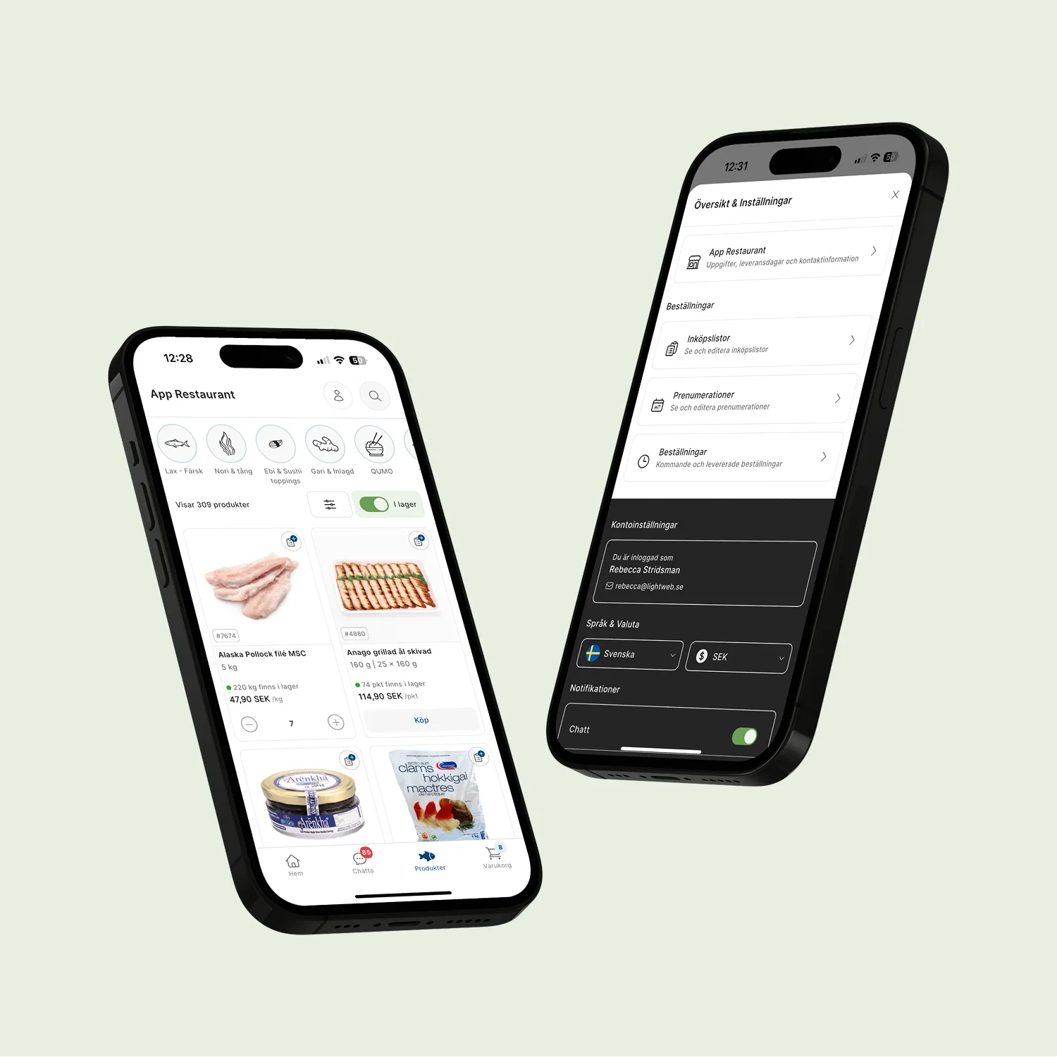 Två telefoner visar Nordwards app